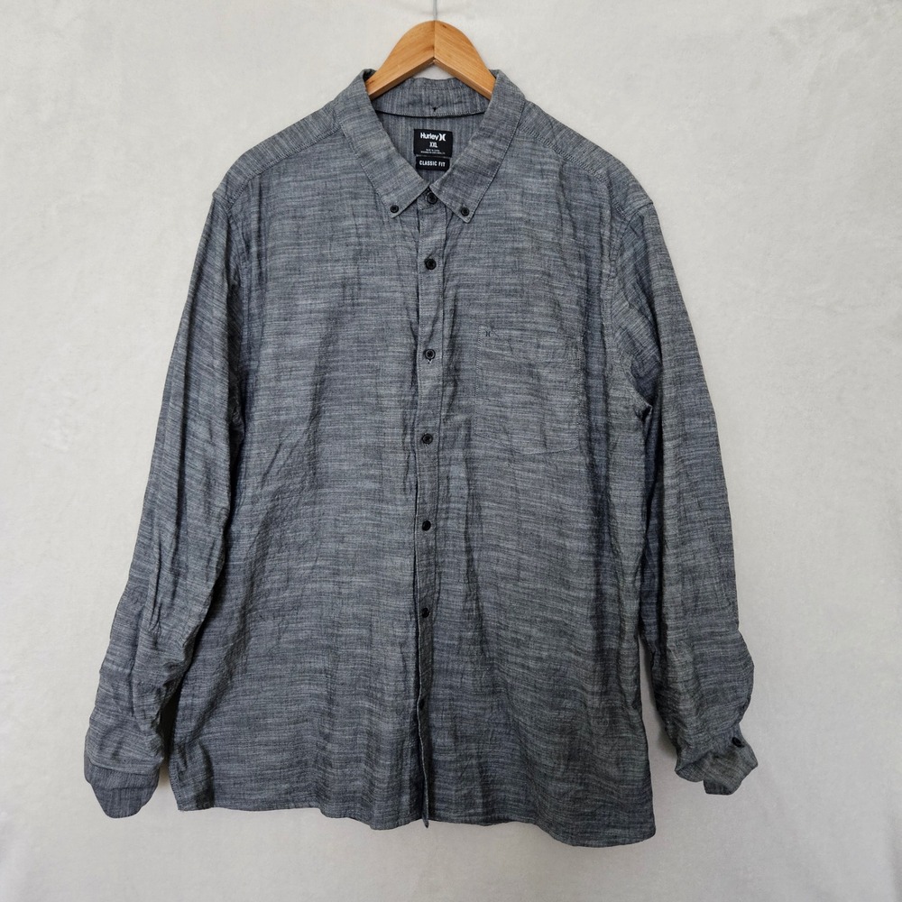 Hurley Mens XXL Classic Fit Long Sleeve Button Down Shirt Gray Heathered Pocket